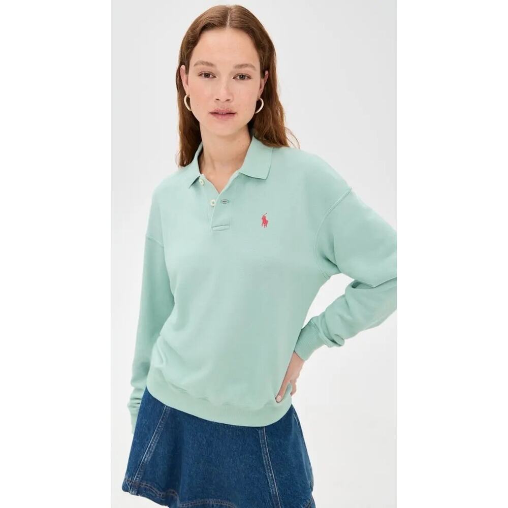 Polo Ralph Lauren Womens Polo Collar Cropped Sweatshirt SZ XS Light Blue Preppy*